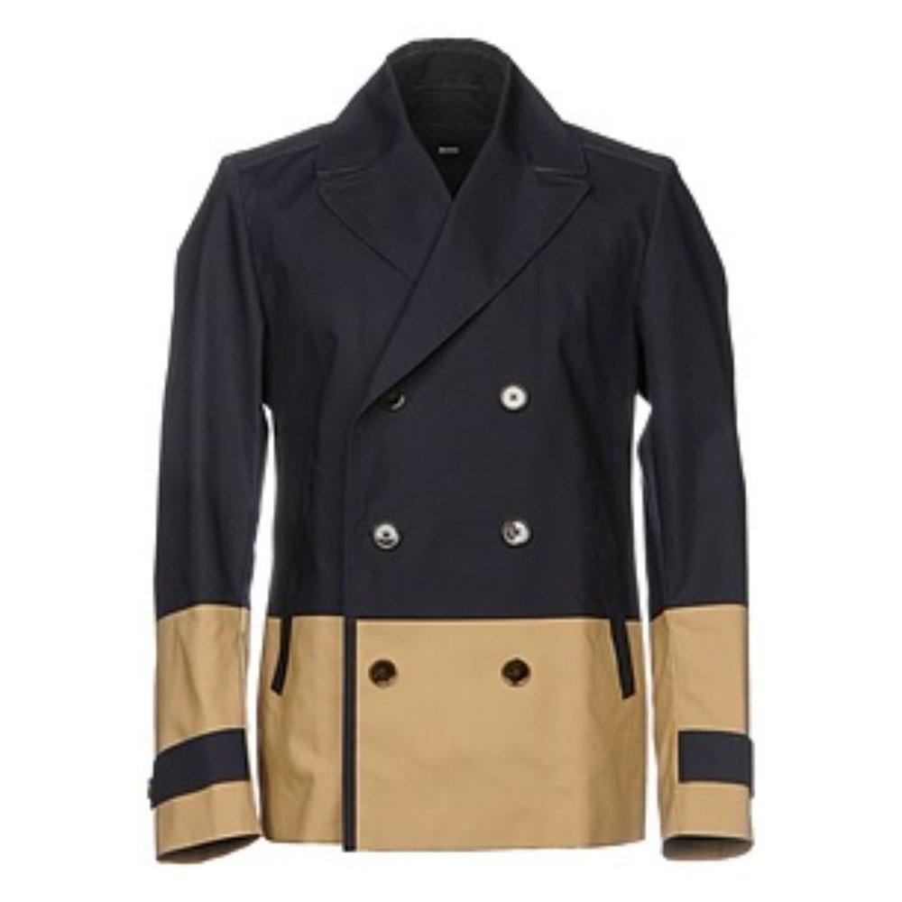 Colorblock Double-Breasted Cotton Jacket Coat Navy/Beige US Men's IT 50